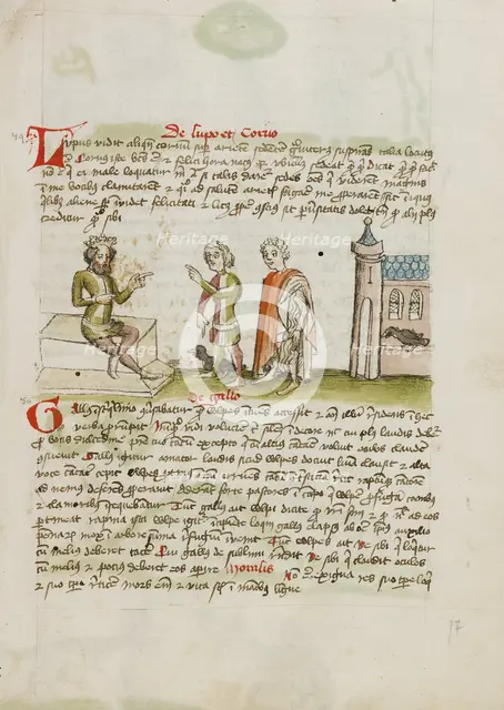 A Crowned Judge Enthroned Speaking to a Man with a Black Bird; Fables, third quarter of 15th century Creator: Unknown.