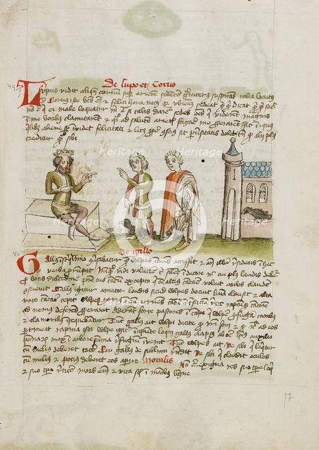 A Crowned Judge Enthroned Speaking to a Man with a Black Bird; Fables, third quarter of 15th century Creator: Unknown.