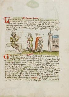 A Crowned Judge Enthroned Speaking to a Man with a Black Bird; Fables, third quarter of 15th century Creator: Unknown