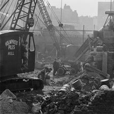 A crane at work on the post-war redevelopment of the Barbican Estate, London, 1962-1964. Creator: John Gay