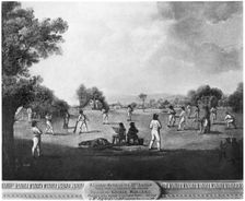 A cricket match, 18th century (1912).Artist: George Morland
