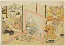 A Cup of Sake before Bed (Toko sakazuki), the sixth sheet of the series "Marriage in..., c. 1769. Creator: Suzuki Harunobu