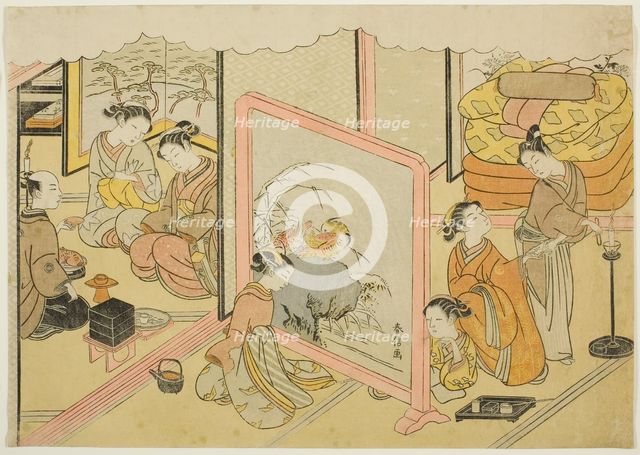 A Cup of Sake before Bed (Toko sakazuki), the sixth sheet of the series "Marriage in..., c. 1769. Creator: Suzuki Harunobu.