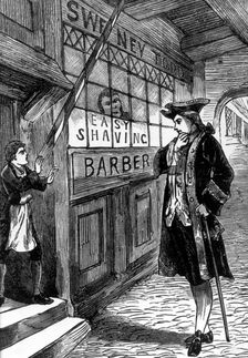 A customer outside Sweeney Todd's barber shop, c1880. Creator: Unknown