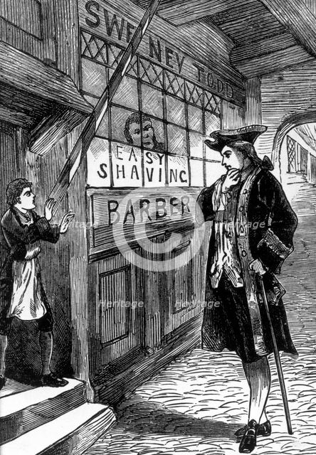 A customer outside Sweeney Todd's barber shop, c1880.  Creator: Unknown.