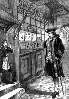 A customer outside Sweeney Todd's barber shop, c1880. Creator: Unknown