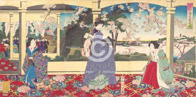 A Dance Party: Enjoying Cherry Blossom Viewing at Ueno (Tobukai Ueno oka yuran no z..., March, 1887. Creator: Chikanobu Yoshu.