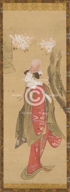 A dancer, Kiyohime, a cherry tree and the bell of Dojo-ji, late 18th-early 19th century. Creator: Hokusai.
