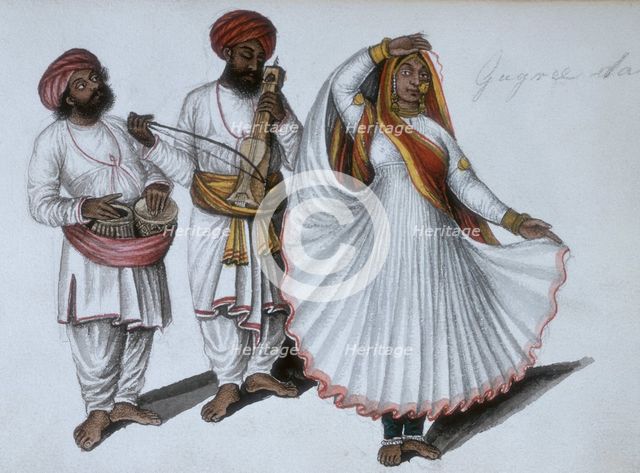 A dancing girl performing the 'gagri' dance with two musicians, 1856. Creator: Unknown.