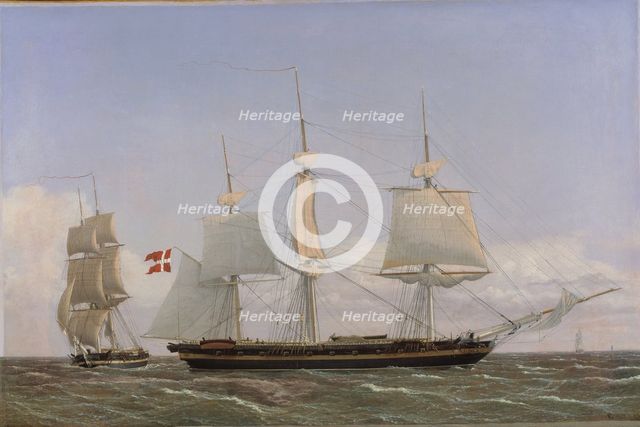 A Danish Corvette Laying to in order to Confer with a Danish Brig..., 1827. Creator: CW Eckersberg.