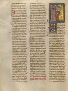 A Demoiselle Speaking to Tristan, Palamedes, and Dynadan in Prison, about 1320-1340. Creator: Jeanne de Montbaston