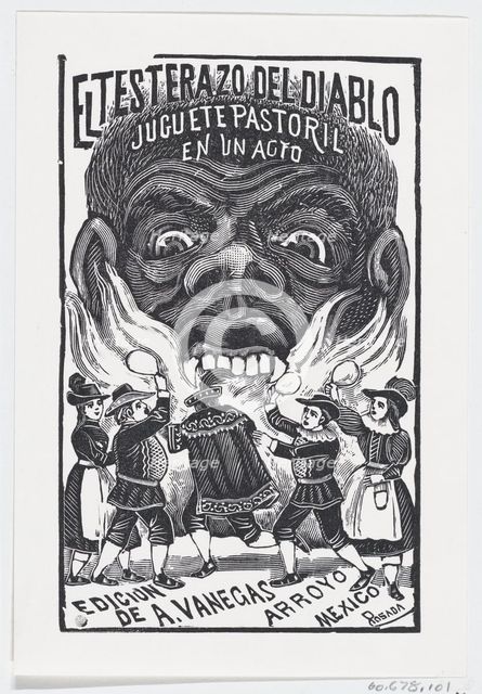 A demon breathing fire and people running around in the foreground, illustration ..., ca. 1880-1910. Creator: José Guadalupe Posada.