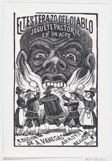 A demon breathing fire and people running around in the foreground, illustration ..., ca. 1880-1910. Creator: José Guadalupe Posada