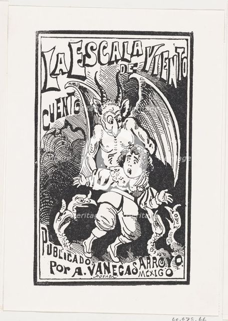 A demon holding a young boy by his shoulders over a group of vultures, illustrati..., ca. 1880-1910. Creator: José Guadalupe Posada.