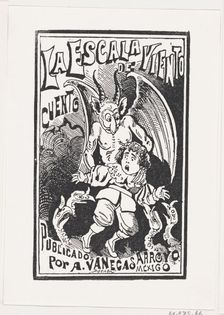 A demon holding a young boy by his shoulders over a group of vultures, illustrati..., ca. 1880-1910. Creator: José Guadalupe Posada