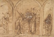 A Design for a Triptych with the Adoration of the Two Saints, early 17th century. Creator: Jan Symonsz. Pynas