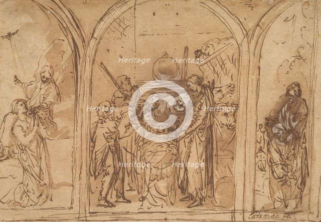 A Design for a Triptych with the Adoration of the Two Saints, early 17th century. Creator: Jan Symonsz. Pynas.