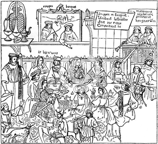 A dinner party, late 15th century, (1910). Artist: Unknown