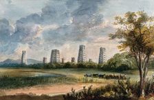 A distant view of the Madurai temple complex, (between 1800 and 1899?). Creator: Unknown