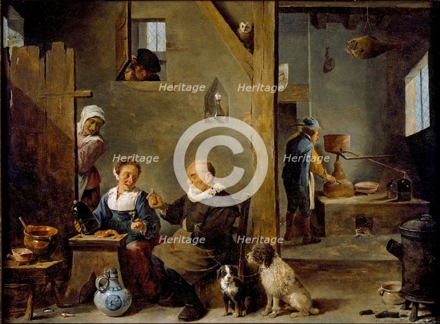 A Distillery with an elderly Man buying Gin from a Woman, c1640-1649. Artist: David Teniers II.