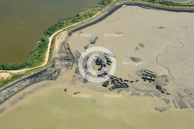 A dismantled WW2 Maunsell anti-aircraft fort, Higham Creek, Medway, 2024. Creator: Damian Grady.