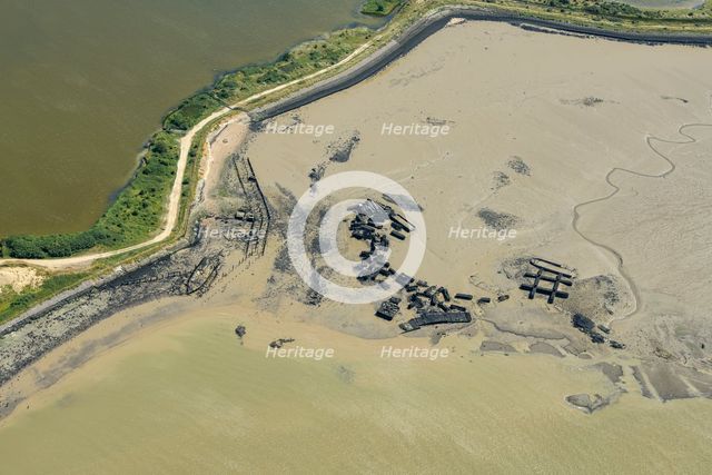 A dismantled WW2 Maunsell anti-aircraft fort, Higham Creek, Medway, 2024. Creator: Damian Grady.