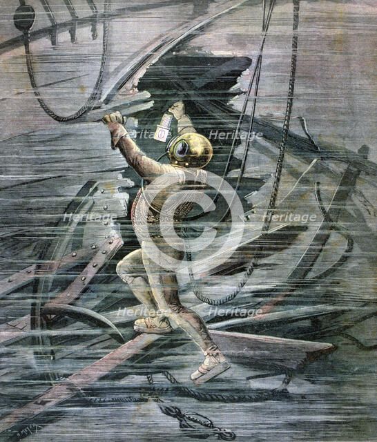 A diver searching a wreck in La Havre harbour, France, 1892. Artist: Henri Meyer