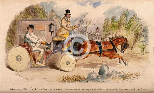 A doctor changing into hunting clothes in his carriage, on his way to a hunt meeting, 1859. Creator: John Leech.