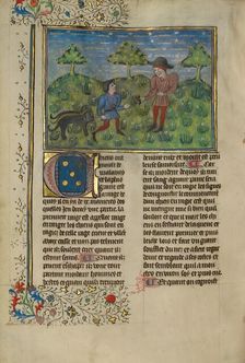 A Doctor, a Hunter, and Three Sick Dogs; Livre de la Chasse, about 1430-1440. Creator: Unknown