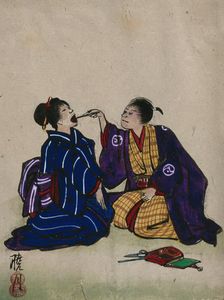 A doctor examining a woman's mouth; doctor and patient are kneeling on the floor, 1830. Creator: Unknown