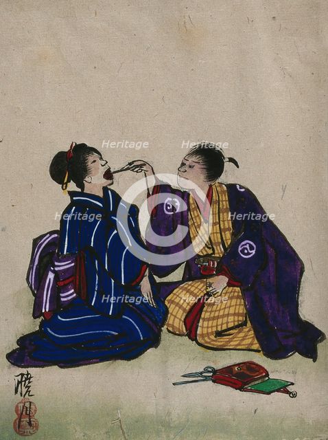 A doctor examining a woman's mouth; doctor and patient are kneeling on the floor, 1830. Creator: Unknown.