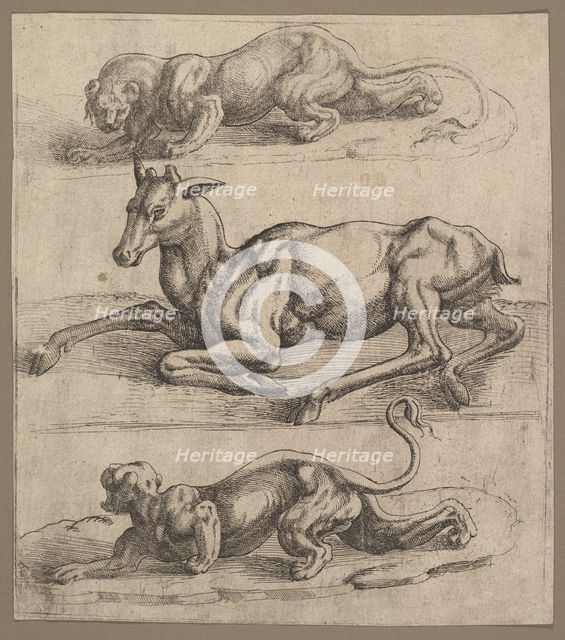 A Doe and Two Lionesses, ca. 1540. Creator: Attributed to Jan Cornelisz Vermeyen (Netherlandish, Beverwijk ca. 1504-1559 Brussels).