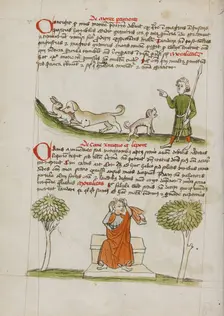 A Dog Biting a Hare and A Hunter Speaking to the Dog: A Man..., third quarter of 15th century. Creator: Unknown