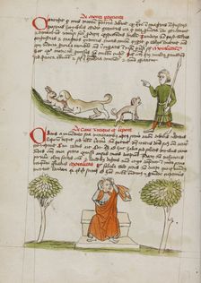 A Dog Biting a Hare and A Hunter Speaking to the Dog: A Man..., third quarter of 15th century. Creator: Unknown