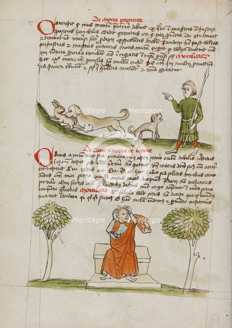 A Dog Biting a Hare and A Hunter Speaking to the Dog: A Man..., third quarter of 15th century. Creator: Unknown.