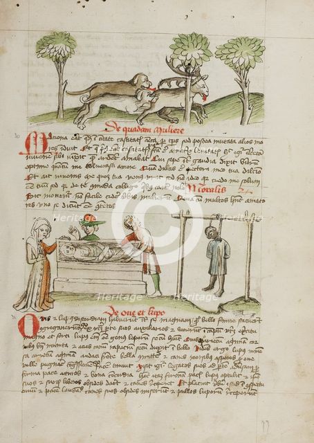 A Dog Hunting a Stag: A Man Killed by Hanging and A Woman Laying..., third quarter of 15th century. Creator: Unknown.