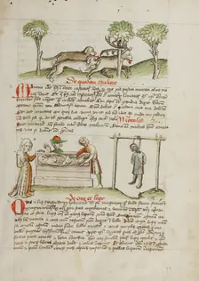 A Dog Hunting a Stag: A Man Killed by Hanging and A Woman Laying..., third quarter of 15th century. Creator: Unknown