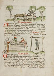 A Dog Hunting a Stag: A Man Killed by Hanging and A Woman Laying..., third quarter of 15th century. Creator: Unknown