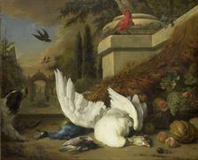 A Dog with a dead Goose and Peacock (A Study of Game and Fruit), c.1700. Creator: Jan Weenix