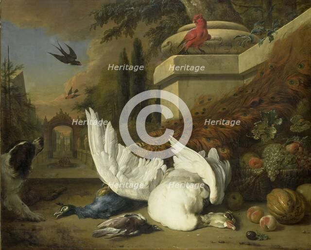 A Dog with a dead Goose and Peacock (A Study of Game and Fruit), c.1700. Creator: Jan Weenix.