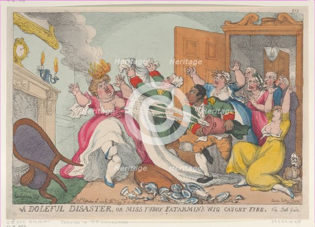A Doleful Disaster, or Miss Fubby Fatarmin's Wig Caught Fire, September 20, ..., September 20, 1813. Creator: Thomas Rowlandson.