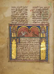 A Dove and a Falcon within an Arcade; Bestiary, about 1270. Creator: Unknown