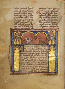 A Dove and a Falcon within an Arcade; Bestiary, about 1270. Creator: Unknown