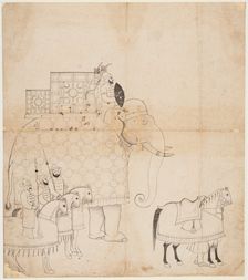 A drawing of Caparisoned Elephant and Horses, c. 1760. Creator: Unknown