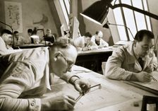 A drawing office scene, where new plans for fresh works are drawn up, Germany, 1936. Creator: Unknown