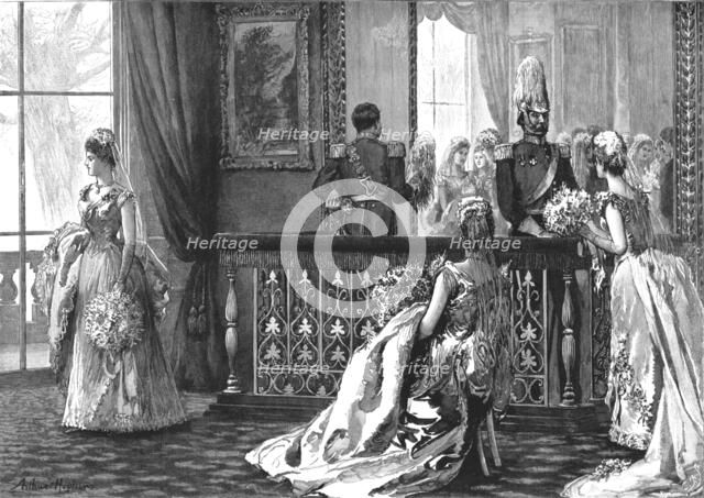 ''A Drawing-Room at Buchingham Palace -- Waiting in the "Pen" before the presentation to...', 1890. Creator: Unknown.