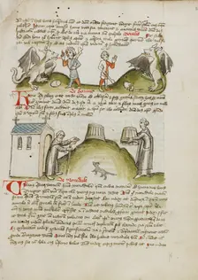 A Dragon and a Farmer with a Club: A Hermit before a Chapel and a..., third quarter of 15th century. Creator: Unknown