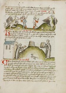 A Dragon and a Farmer with a Club: A Hermit before a Chapel and a..., third quarter of 15th century. Creator: Unknown