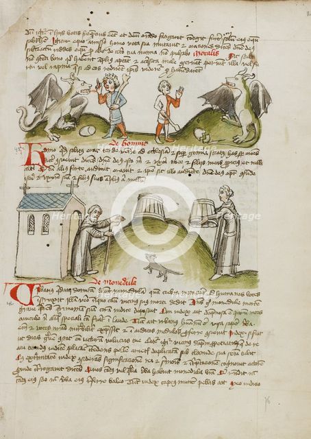 A Dragon and a Farmer with a Club: A Hermit before a Chapel and a..., third quarter of 15th century. Creator: Unknown.