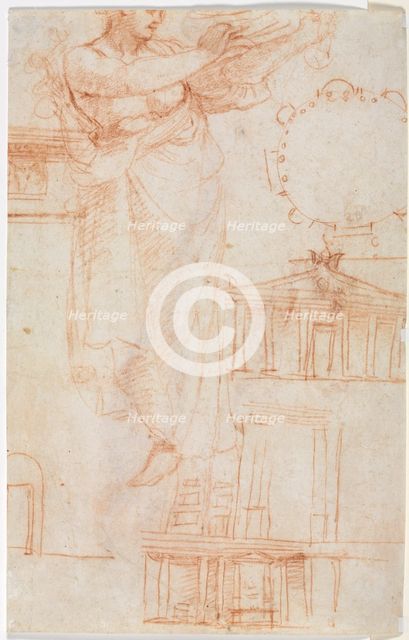 A Draped Female Figure (possibly an Amazon) and Architectural Studies (verso), c. 1525. Creator: Correggio (Italian, 1489?-1534), attributed to.